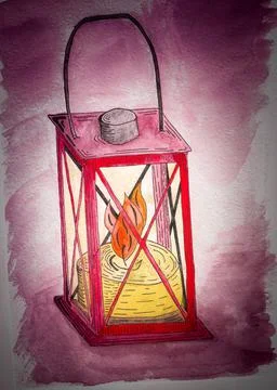 Lantern with candles and light from it. Drawn by hand with watercolors Stock Illustration