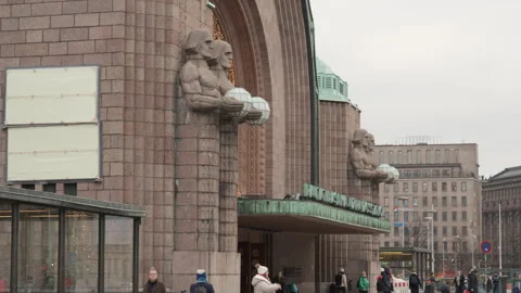Lantern Carriers statues at Helsinki Central Railway Station entrance Stock Footage 326639147