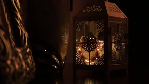 Lantern with christmas flashing lights decorating a room Video stock 143386663