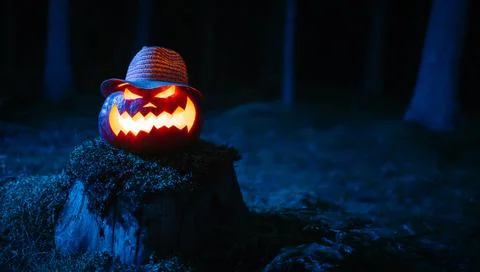 Lantern on the feast of horror jack's head in the gloomy forest. Stock Photos