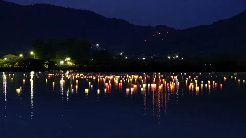 Lantern Floating and Torii Fire at Hirozawa Pond Stock Footage 330597944