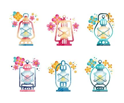 Lantern with Glowing Light Inside and Floral Elements Around Vector Set イラスト素材