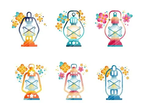 Lantern with Glowing Light Inside and Floral Elements Around Vector Set 스톡 일러스트