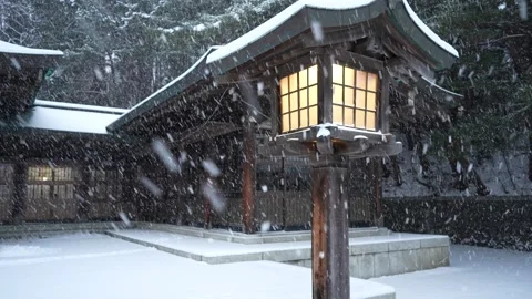 Lantern glowing in snowfall Close-up in Hakodate Gokoku Shrine Hakodate Japan 動画素材 325631863
