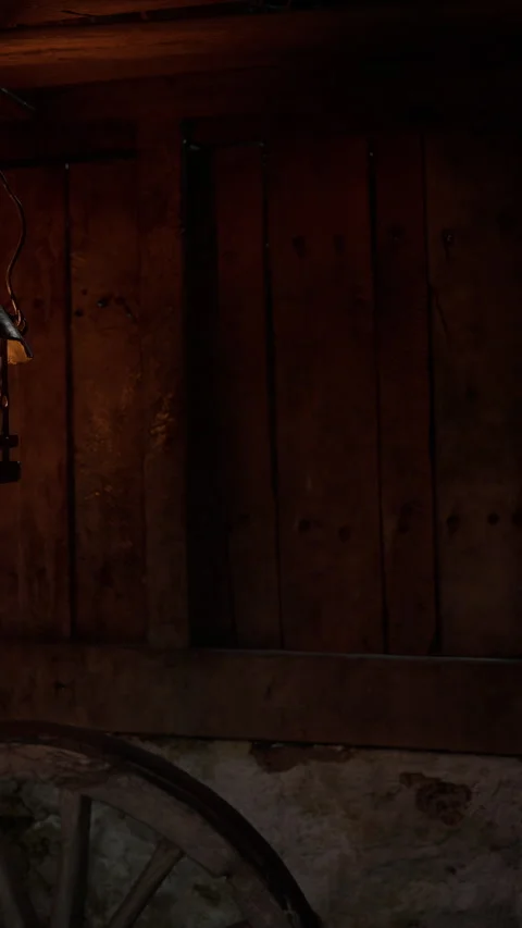 Lantern hanging in a rustic wooden setting at night in a quiet space Stock Footage 341049071