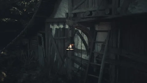 Lantern hanging from rustic wooden structure in a dimly lit forest setting Stock Footage 331420686