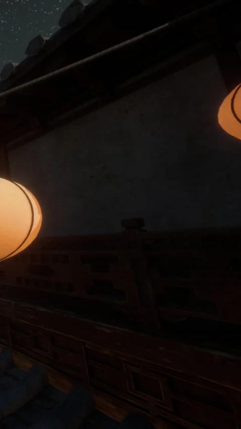 Lantern hanging in a traditional setting during night time Stock Footage 340885187