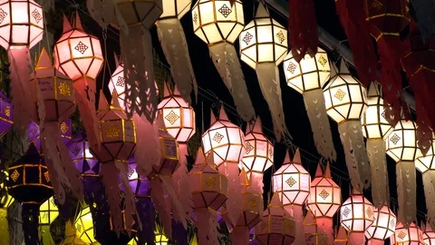 Lantern hung up on the rail to the prosperity in loy krathong festival at wat Stock Footage 97107675