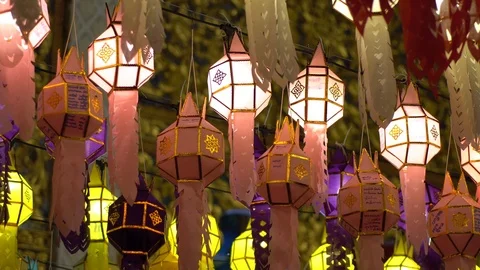 Lantern hung up on the rail to the prosperity in loy krathong festival at wat Stock Footage 97108668