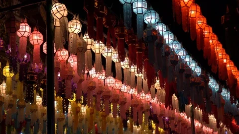 Lantern hung up on the rail to the prosperity in loy krathong festival at wat Stock Footage 97108937