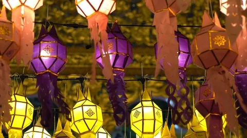 Lantern hung up on the rail to the prosperity in loy krathong festival at wat Stock Footage 97109128