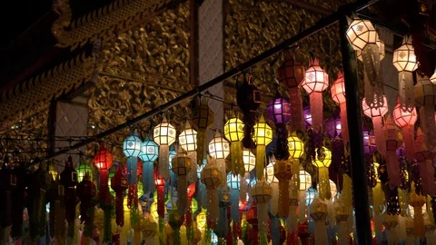 Lantern hung up on the rail to the prosperity in loy krathong festival at wat Stock Footage 97109923