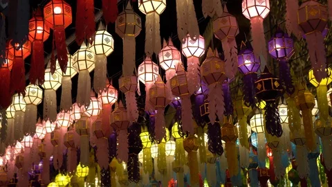Lantern hung up on the rail to the prosperity in loy krathong festival at wat Stock Footage 97110688