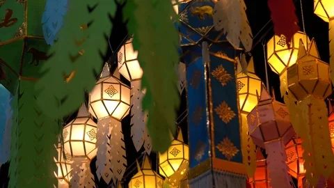 Lantern hung up on the rail to the prosperity in loy krathong festival at wat Stock Footage 97110726
