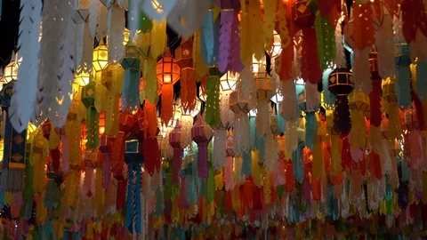 Lantern hung up on the rail to the prosperity in loy krathong festival at wat Stock Footage 97110743