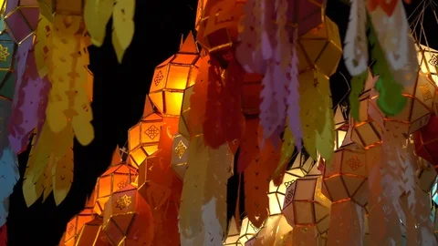 Lantern hung up on the rail to the prosperity in loy krathong festival at wat Stock Footage 97111006