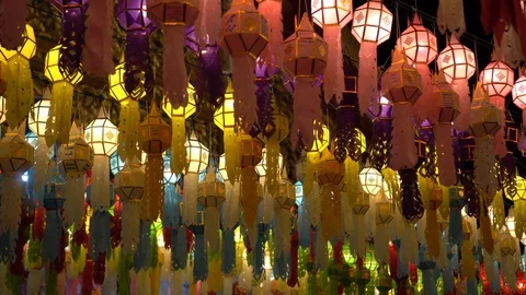 Lantern hung up on the rail to the prosperity in loy krathong festival at wat Stock Footage 97112181
