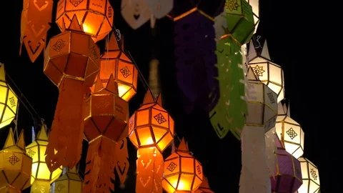 Lantern hung up on the rail to the prosperity in loy krathong festival at wat Stock Footage 97112270