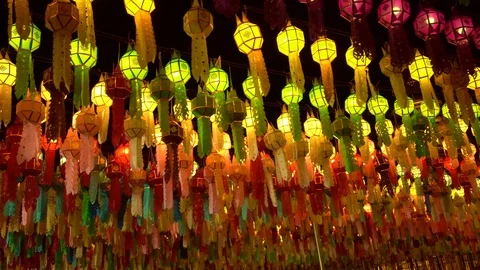 Lantern hung up on the rail to the prosperity in loy krathong festival at wat Stock Footage 97121044