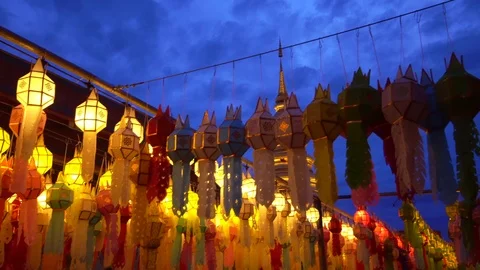 Lantern hung up on the rail to the prosperity in loy krathong festival at wat Stock Footage 97121055