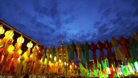 Lantern hung up on the rail to the prosperity in loy krathong festival at wat Stock Footage 97121078