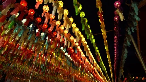 Lantern hung up on the rail to the prosperity in loy krathong festival at wat Stock Footage 97121141