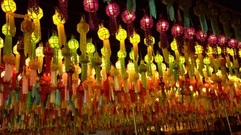 Lantern hung up on the rail to the prosperity in loy krathong festival at wat Stock Footage 97121292
