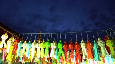 Lantern hung up on the rail to the prosperity in loy krathong festival at wat Stock Footage 97121310
