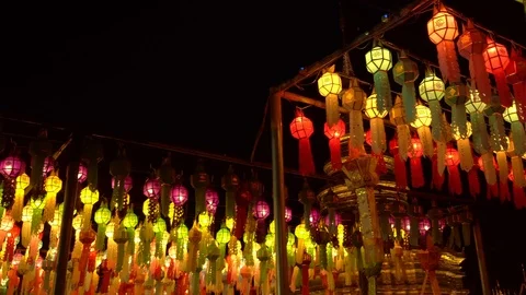 Lantern hung up on the rail to the prosperity in loy krathong festival at wat Stock Footage 97121472