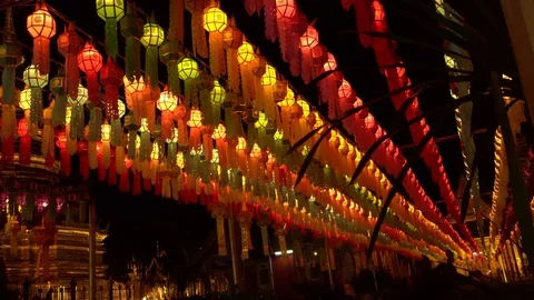 Lantern hung up on the rail to the prosperity in loy krathong festival at wat Stock Footage 97121734