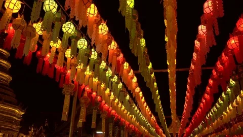 Lantern hung up on the rail to the prosperity in loy krathong festival at wat Stock Footage 97121753