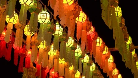 Lantern hung up on the rail to the prosperity in loy krathong festival at wat Stock Footage 97121827