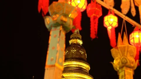 Lantern hung up on the rail to the prosperity in loy krathong festival at wat Stock Footage 97121937
