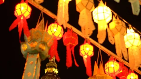 Lantern hung up on the rail to the prosperity in loy krathong festival at wat Stock Footage 97122094