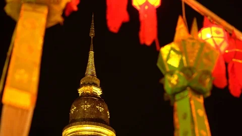 Lantern hung up on the rail to the prosperity in loy krathong festival at wat Stock Footage 97122147