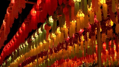 Lantern hung up on the rail to the prosperity in loy krathong festival at wat Stock Footage 97122307