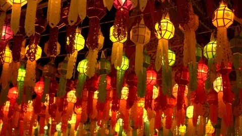 Lantern hung up on the rail to the prosperity in loy krathong festival at wat Stock Footage 97122331