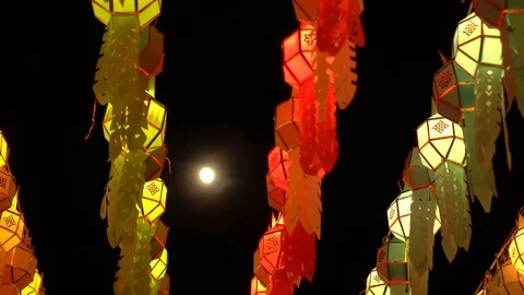 Lantern hung up on the rail to the prosperity in loy krathong festival at wat Stock Footage 97122641