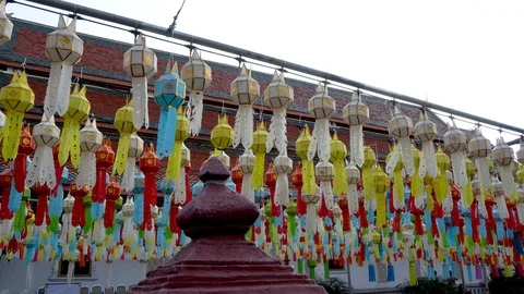 Lantern hung up on the rail to the prosperity in loy krathong festival at wat Stock Footage 98779938