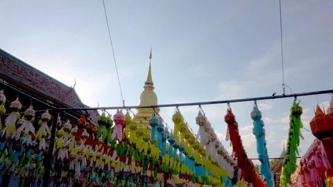 Lantern hung up on the rail to the prosperity in loy krathong festival at wat Stock Footage 98779950