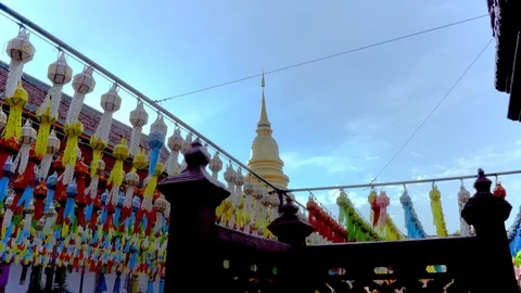 Lantern hung up on the rail to the prosperity in loy krathong festival at wat Video stock 98779960
