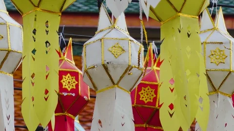 Lantern hung up on the rail to the prosperity in loy krathong festival at wat Stock Footage 98780035