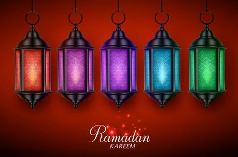Lantern lamp or fanous vector set with colorful lights hanging Stock Illustration