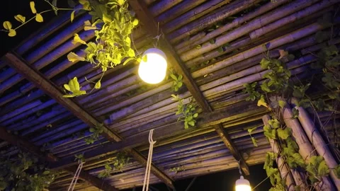 Lantern with a light bulb under a canopy made of bamboo and straw Video stock 309128998