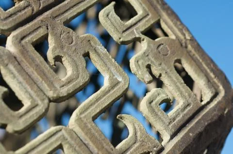 Lantern-like lights with chinese pattern surrounded in chinese cultural center i Stock Photos
