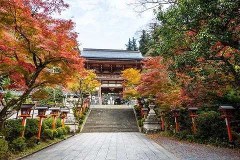 A lantern lined path with stairs leading up the the Kurama-dere Temple north  Stock-Fotos