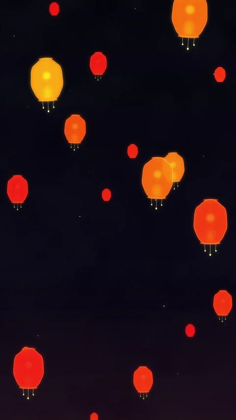 Lantern loop animation, glowing orange floating lights in dark night Video stock 346637130