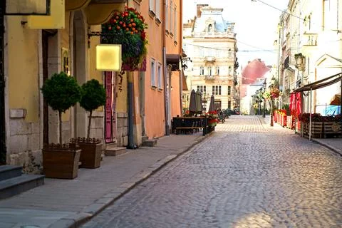 Lantern in the middle of an empty square in the city of Lviv, quarantining in Stock Photos