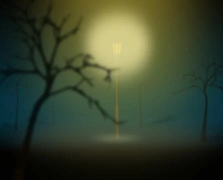 Lantern in a misty park with trees Stock Illustration
