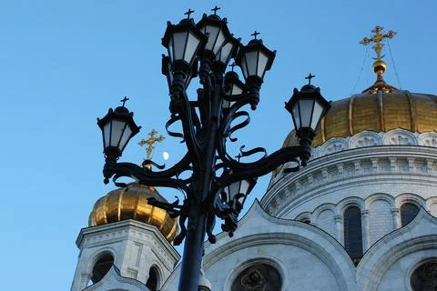 Lantern, moon and curch Stock Photos